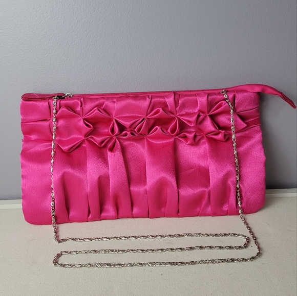 Bijoux Terner Handbags - Bijoux Terner Fuchsia Satin Soft Clutch Evening Bag With Shoulder Chain